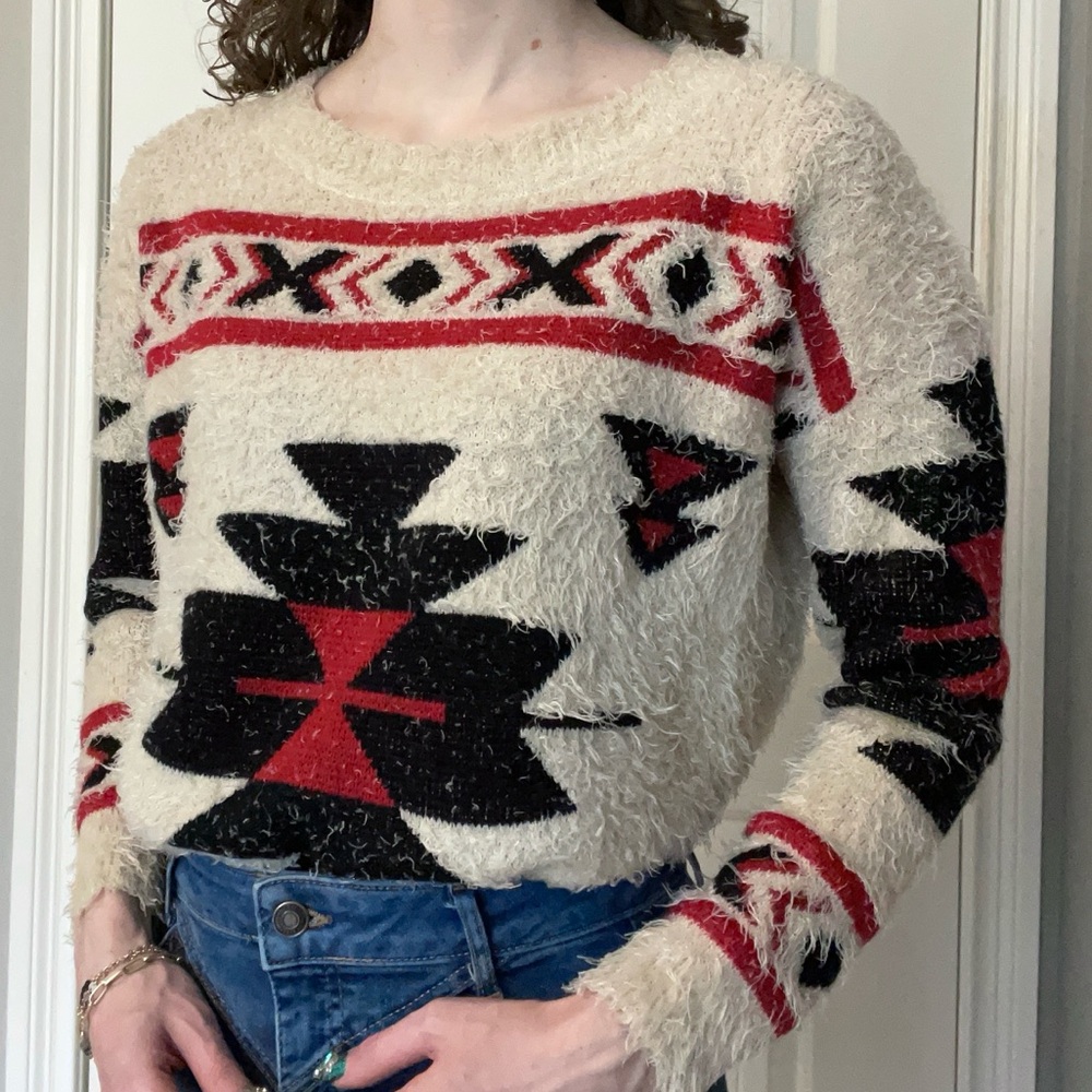 Gianni Bini southwestern print oversized fuzzy long sleeve cream sweater